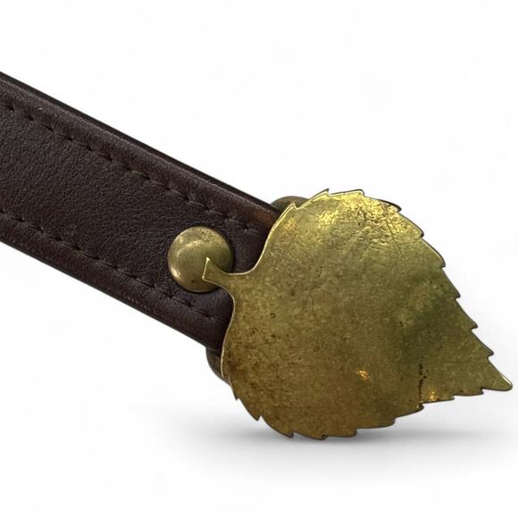 Vintage Belt 1970\'s Whimsical  Unisex Brass Leaf Buckle S Small Brown Leather main image 4
